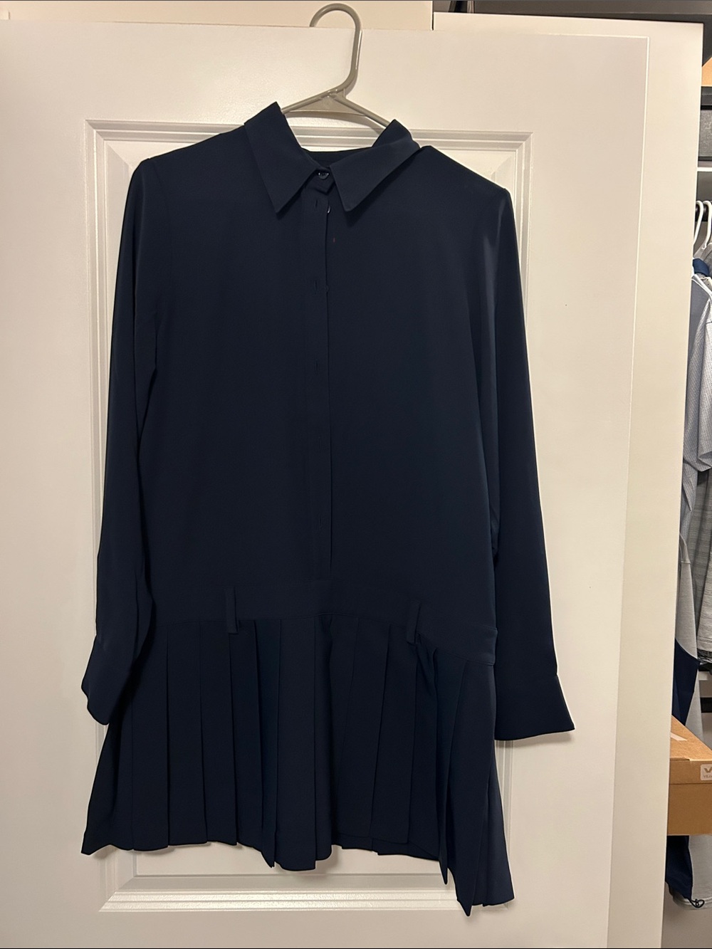 Aritzia Navy Long-Sleeve Pleated Hem Shirt Dress
